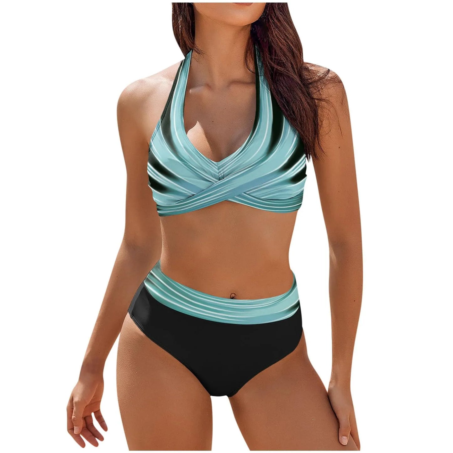 Color Block Floral High Waist Bikini Set