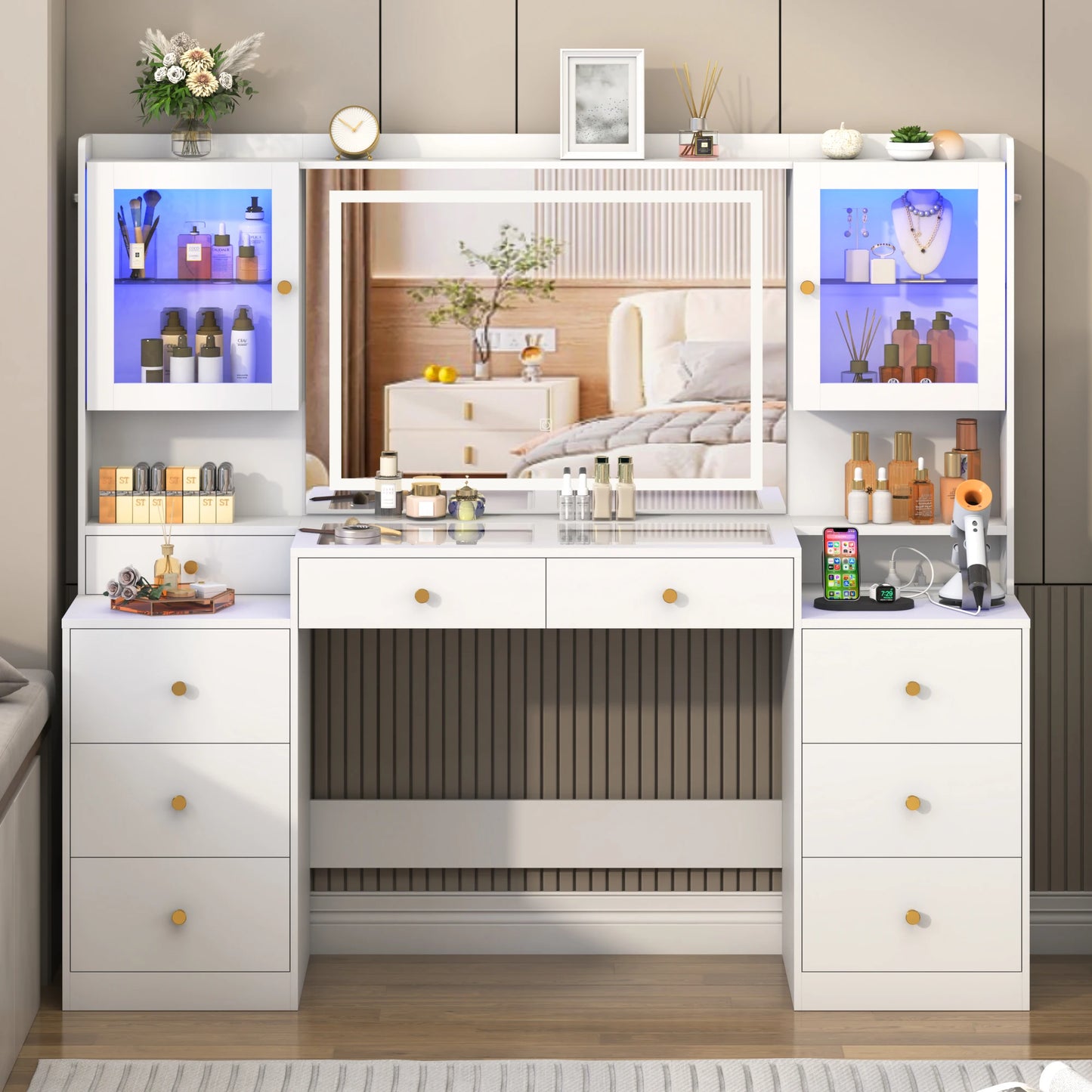 Dorm Style Makeup Vanity with Charging Station, Sliding Drawers, 2 Cabinets with Glass Door