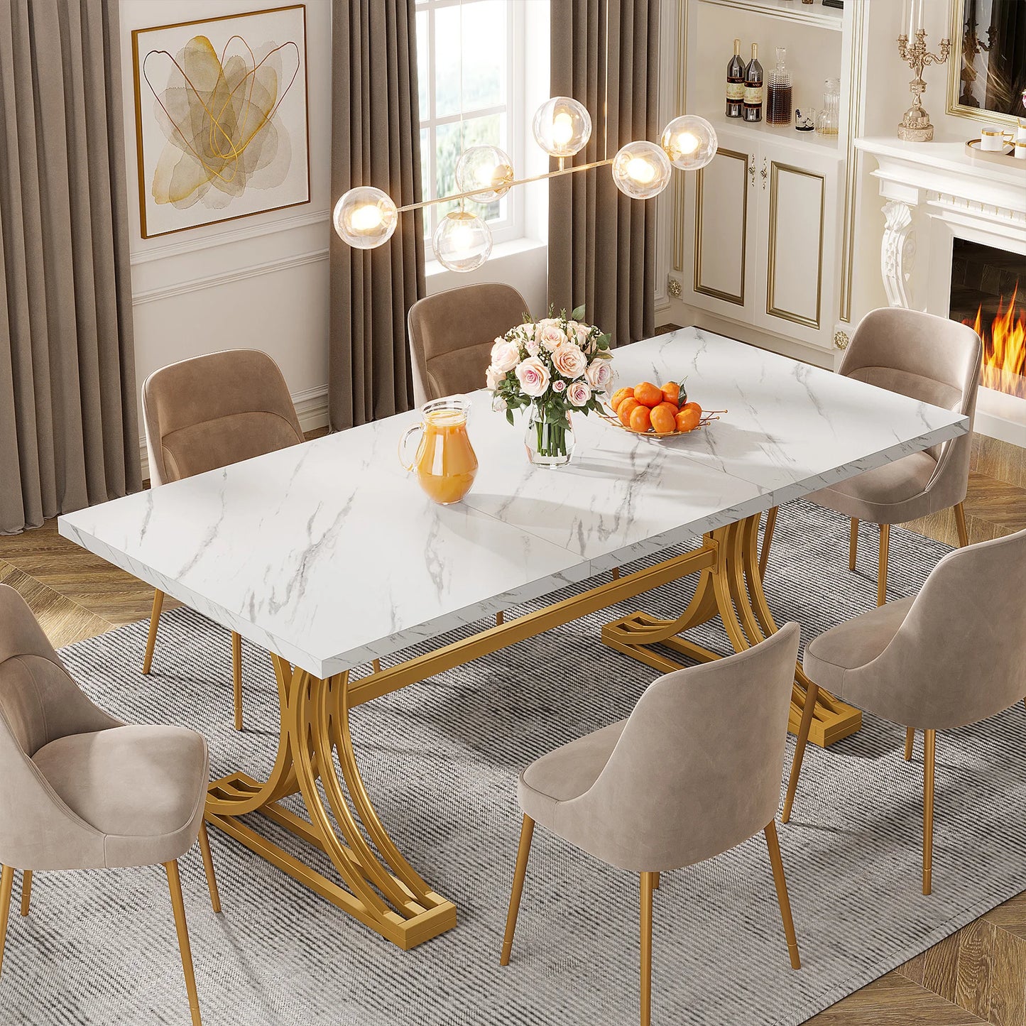 63-Inch Rectangular Dining Table with Faux Marble Table Top, (Chairs Not Included)
