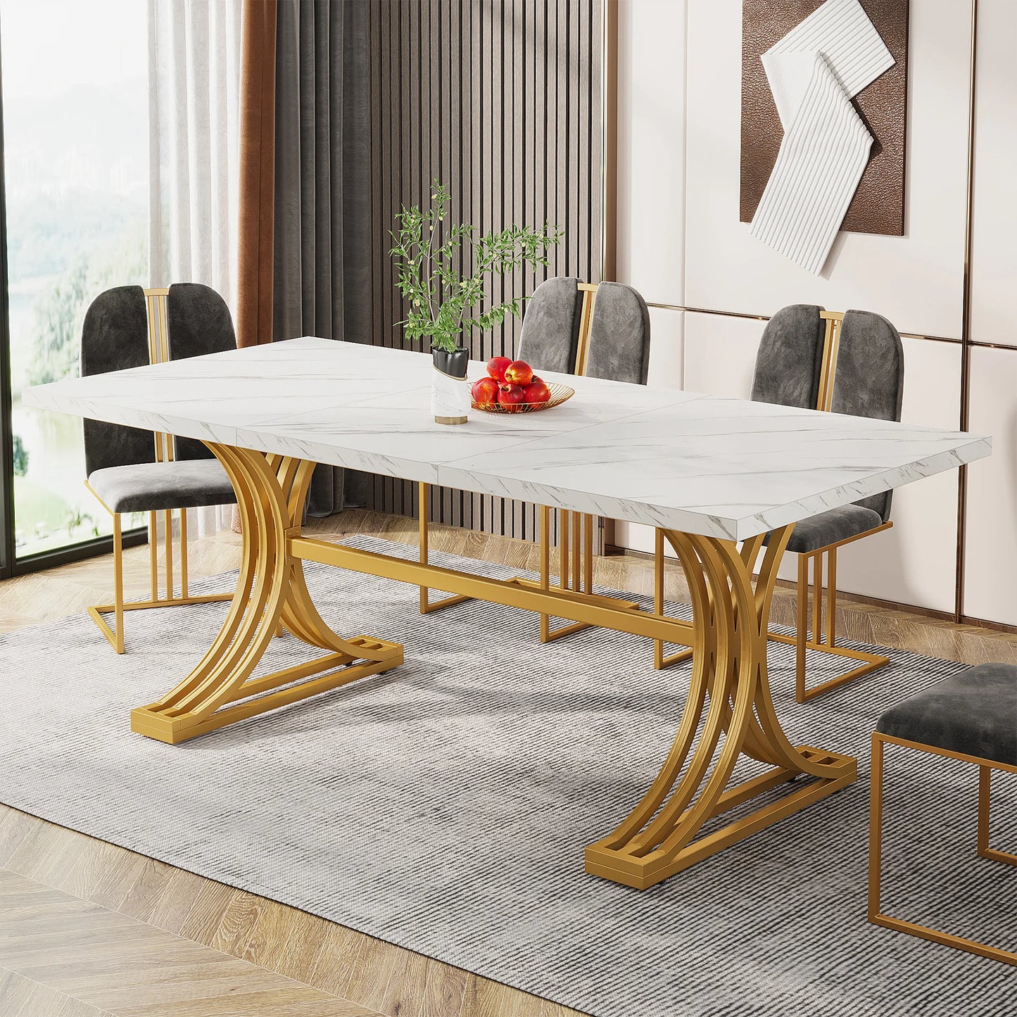 63-Inch Rectangular Dining Table with Faux Marble Table Top, (Chairs Not Included)