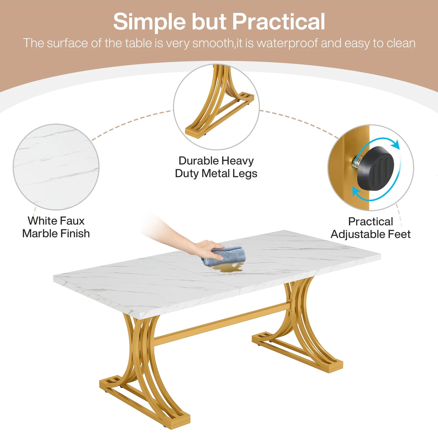 63-Inch Rectangular Dining Table with Faux Marble Table Top, (Chairs Not Included)