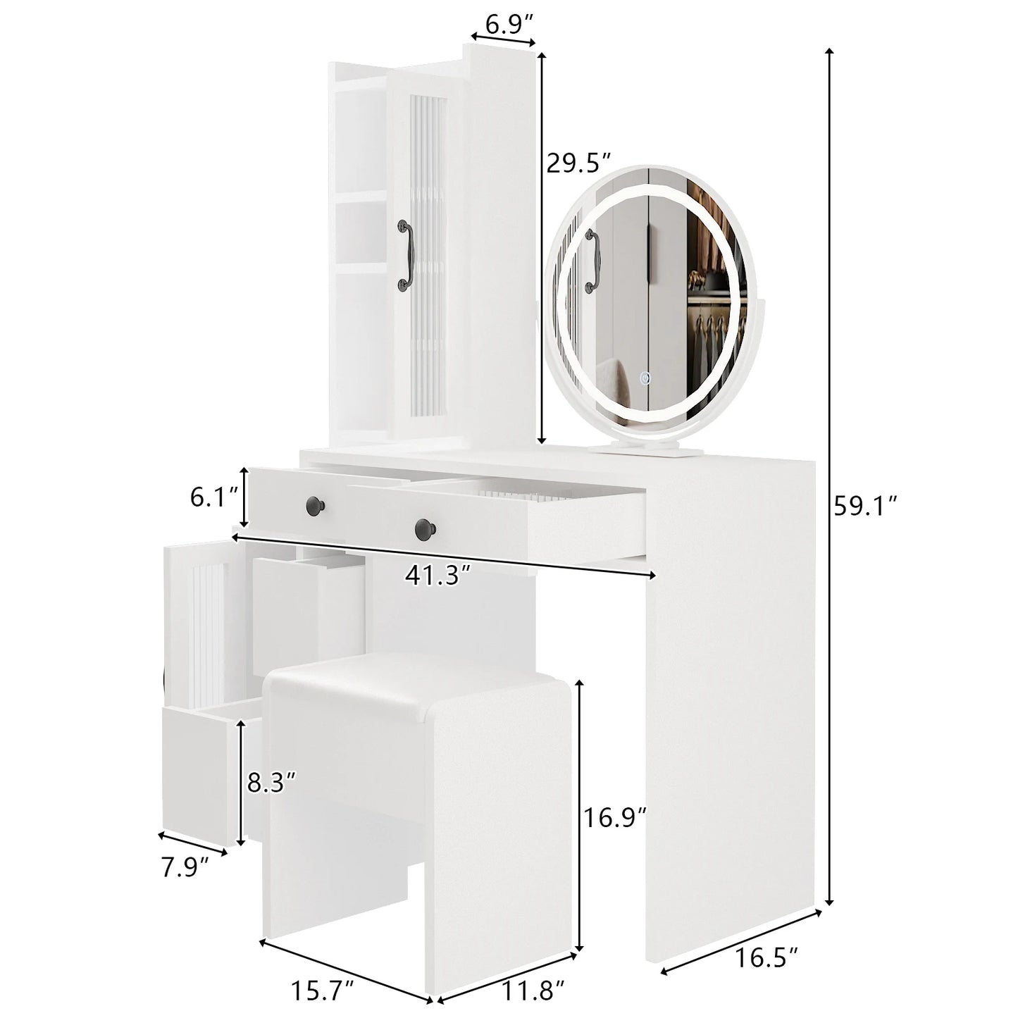 Sleek Makeup Vanity Table Set with Side Cabinet and LED Mirror
