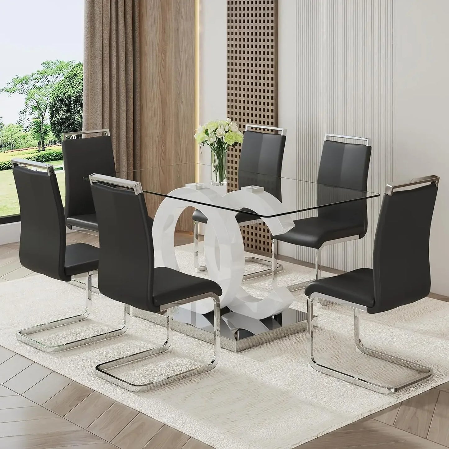 Modern Faux Leather Glass Dining Room Set