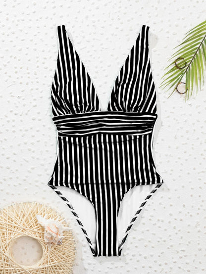 SHEIN Swim Summer Beach Striped Ruched One Piece Swimsuit