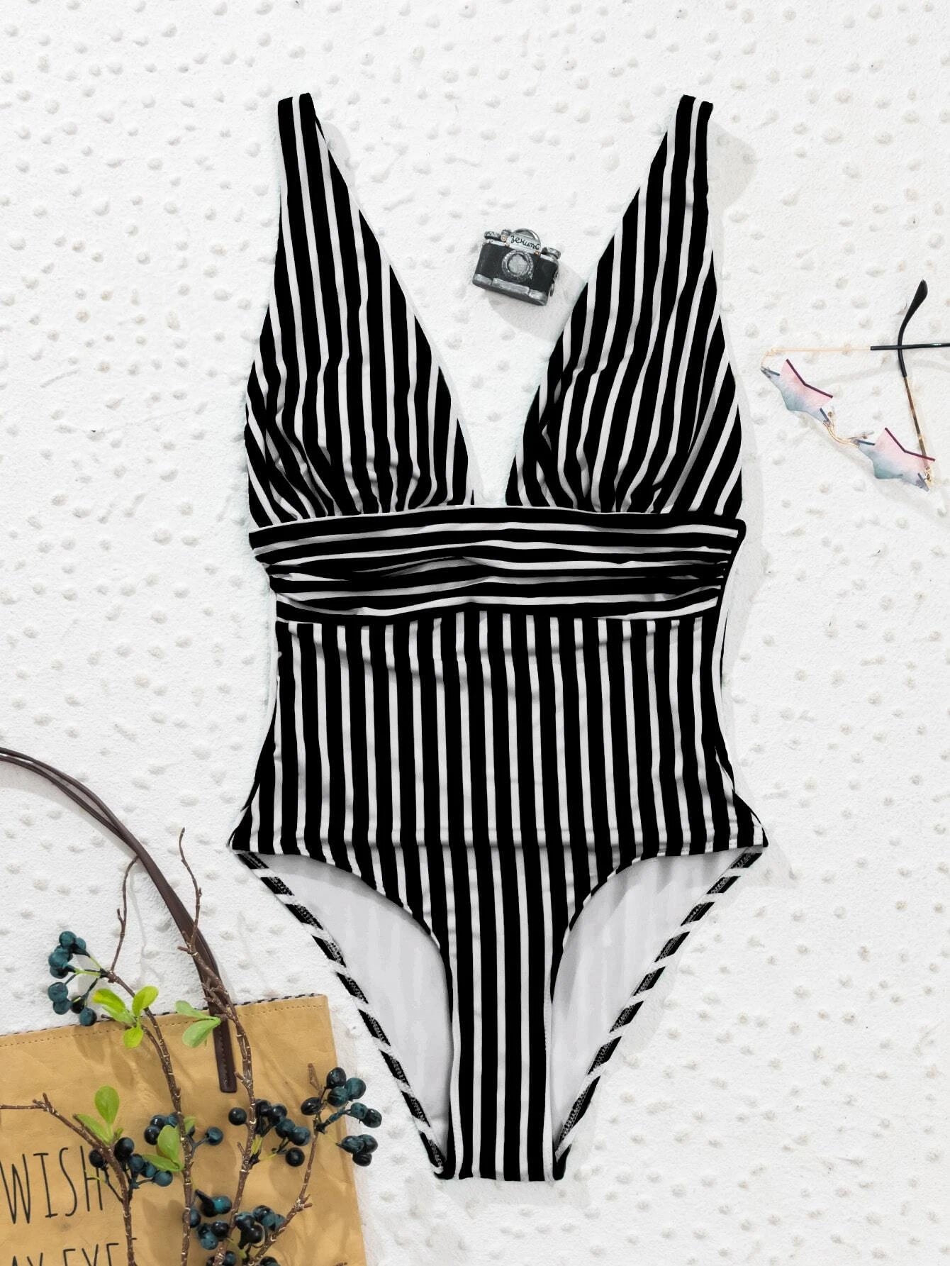 SHEIN Swim Summer Beach Striped Ruched One Piece Swimsuit
