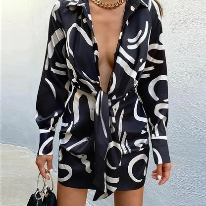 New Women'S Sexy V-Neck Long Sleeve Lace up Short Dress Elegant Chic Women Dresses Formal Occasion Dresses