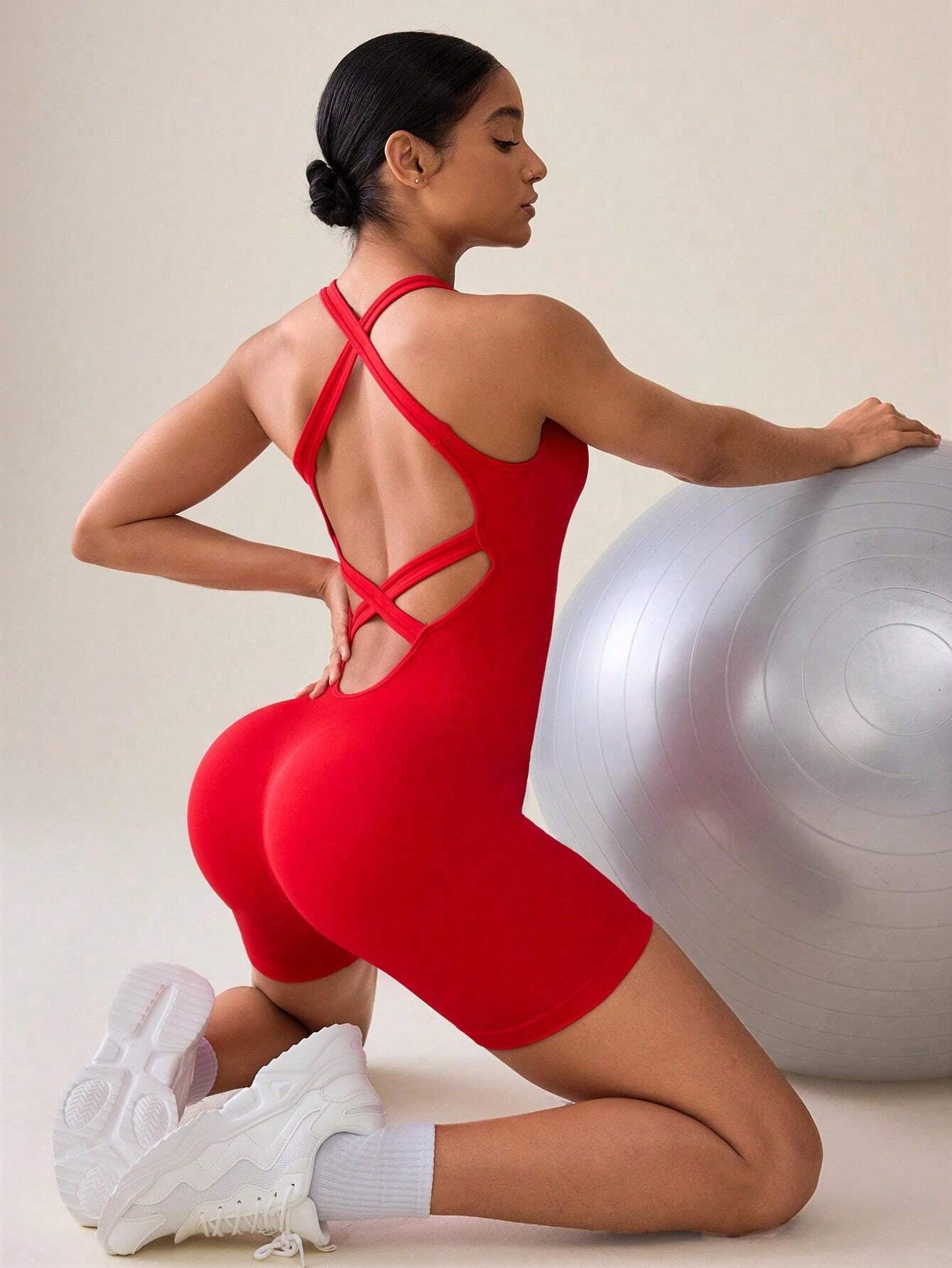 Slayoga Women'S Solid Color Backless Simple Sports Jumpsuit