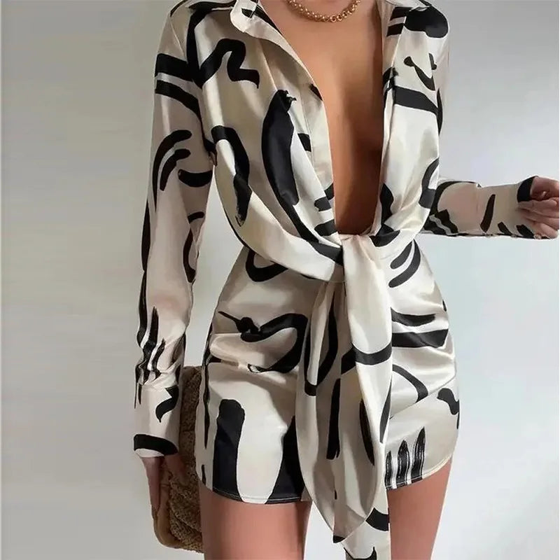 New Women'S Sexy V-Neck Long Sleeve Lace up Short Dress Elegant Chic Women Dresses Formal Occasion Dresses