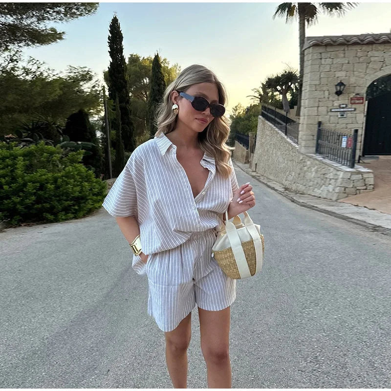 Breezy Linen Striped Shorts Set