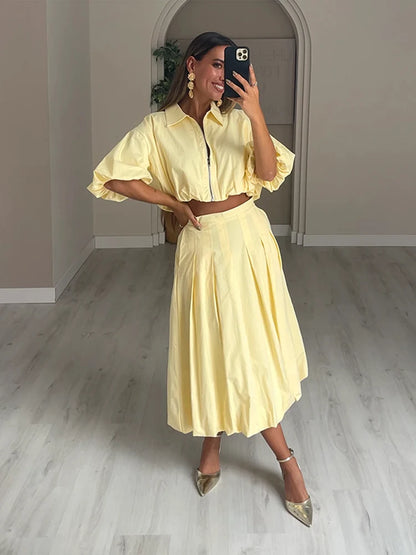 Linen Blend Zip Crop Top & Pleated Skirt ( Sold Separately)