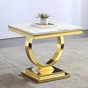 Luxe White Marble Coffee Table with Mirrored Stainless Steel Metal Base,