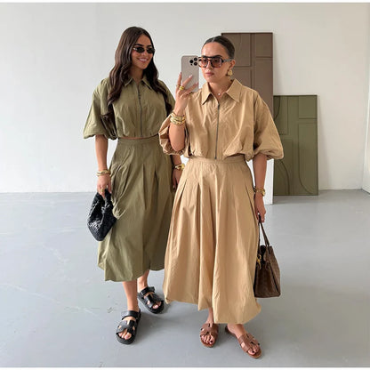 Linen Blend Zip Crop Top & Pleated Skirt ( Sold Separately)