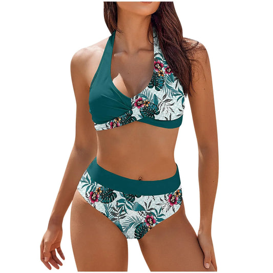 Color Block Floral High Waist Bikini Set
