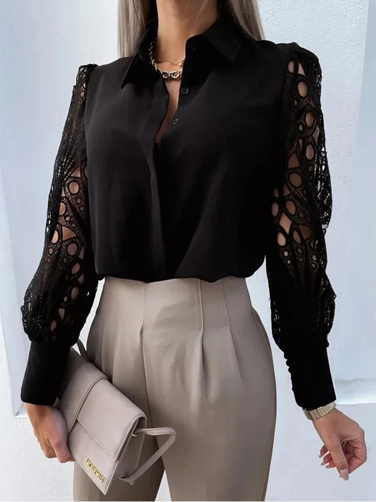 Elegant V-neck Blouse with Lace Sleeve Cut-out