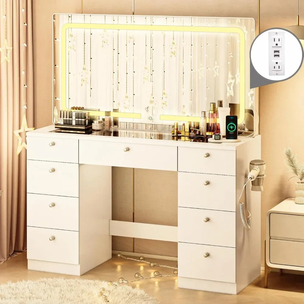 Glass Top Makeup Vanity Desk with Mirror & Lights