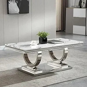 Luxe White Marble Coffee Table with Mirrored Stainless Steel Metal Base,