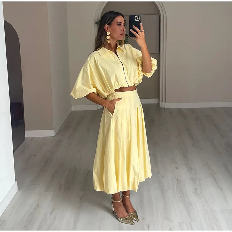 Linen Blend Zip Crop Top & Pleated Skirt ( Sold Separately)