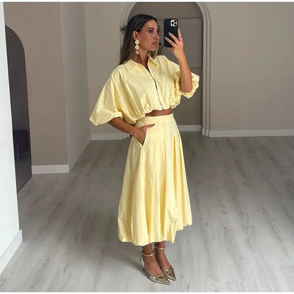 Linen Blend Zip Crop Top & Pleated Skirt ( Sold Separately)