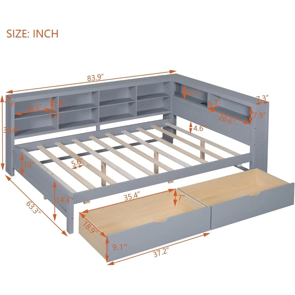 Space Saving Full Size Daybed With Bookcase & Charging Station