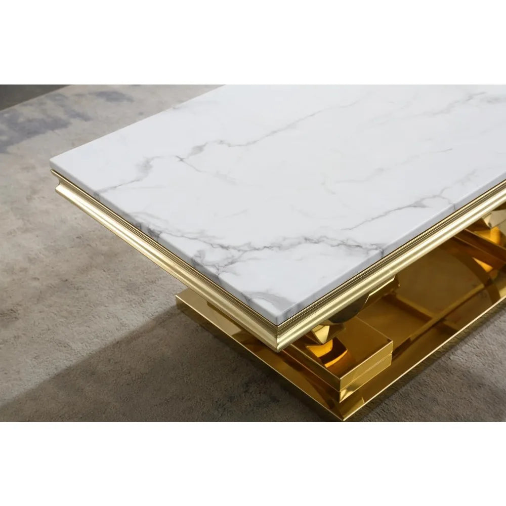 Luxe White Marble Coffee Table with Mirrored Stainless Steel Metal Base,