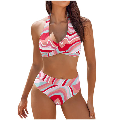 Color Block Floral High Waist Bikini Set