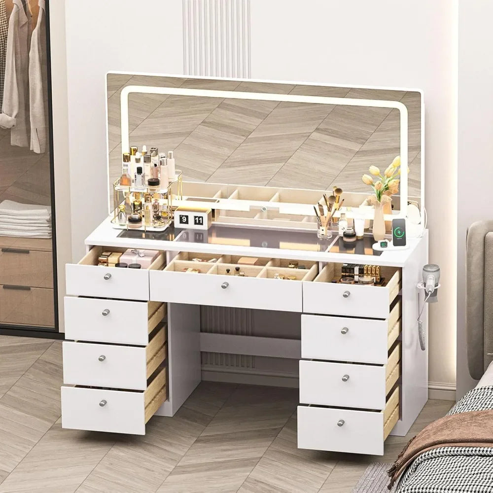 Glass Top Makeup Vanity Desk with Mirror & Lights
