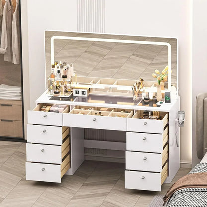 Glass Top Makeup Vanity Desk with Mirror & Lights