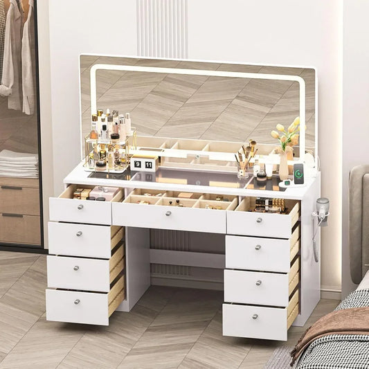 Glass Top Makeup Vanity Desk with Mirror & Lights