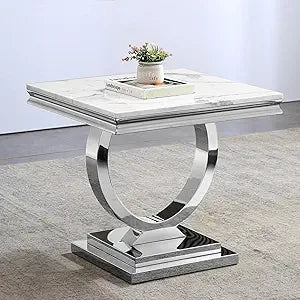 Luxe White Marble Coffee Table with Mirrored Stainless Steel Metal Base,