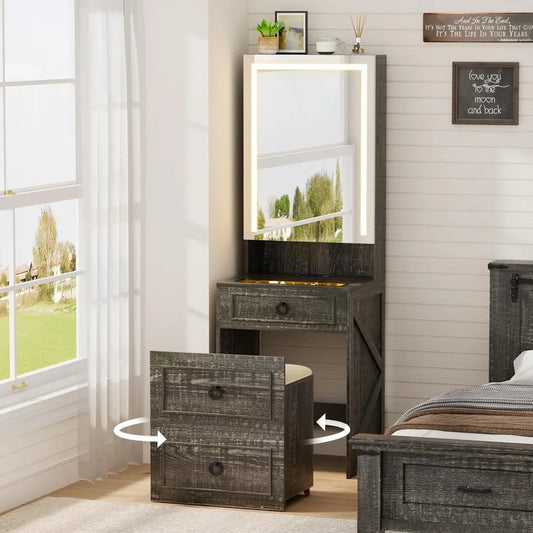 Mirrored  Glass Top Vanity with Jewelry Storage & Lights