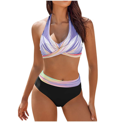 Color Block Floral High Waist Bikini Set