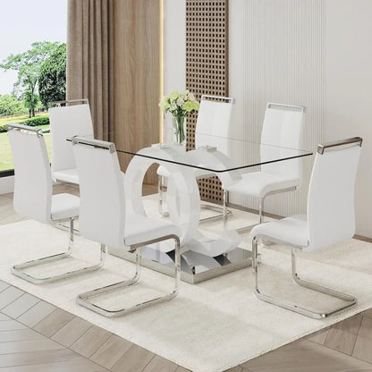 Modern Faux Leather Glass Dining Room Set