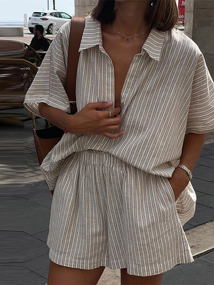 Breezy Linen Striped Shorts Set