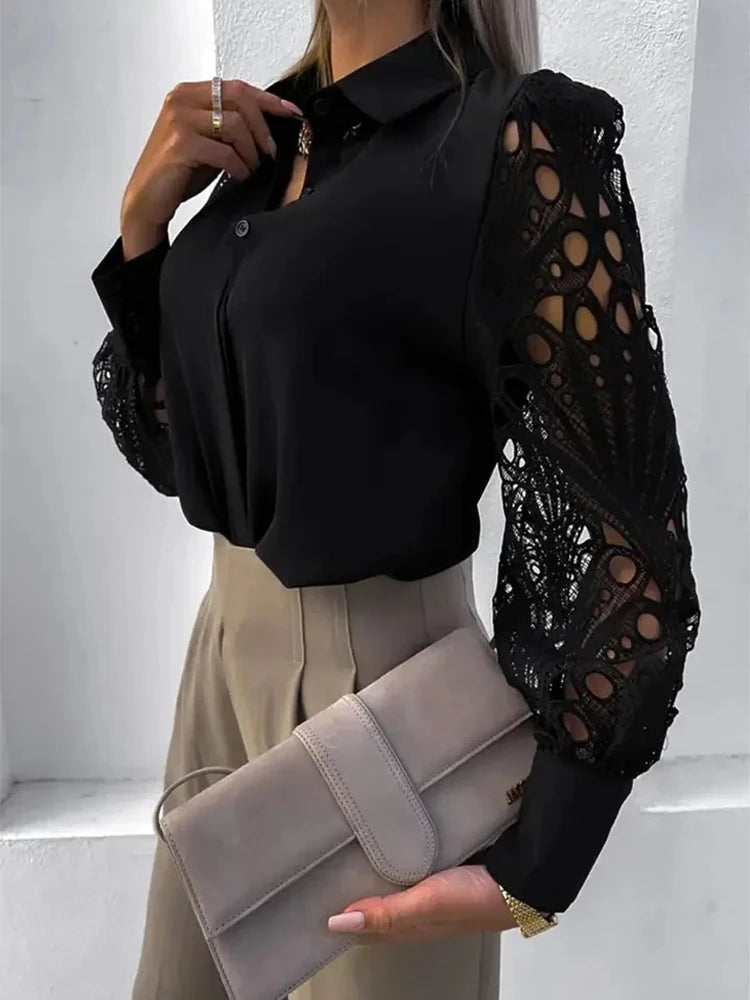 Elegant V-neck Blouse with Lace Sleeve Cut-out