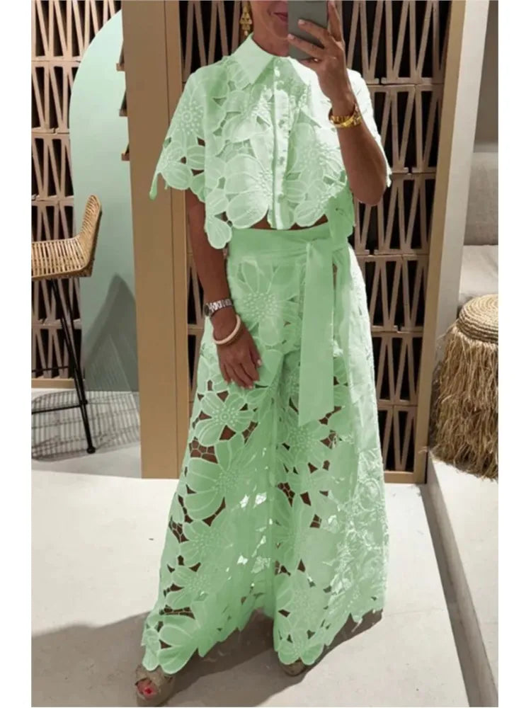 Elegant Floral Laser Cut Pant Set