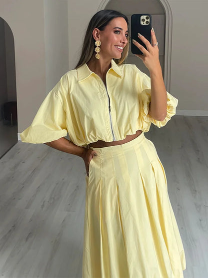 Linen Blend Zip Crop Top & Pleated Skirt ( Sold Separately)