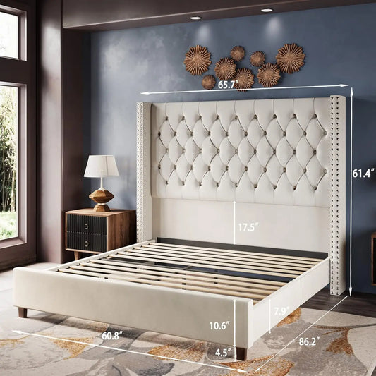 Queen Size Velvet Upholstered Bed Frame