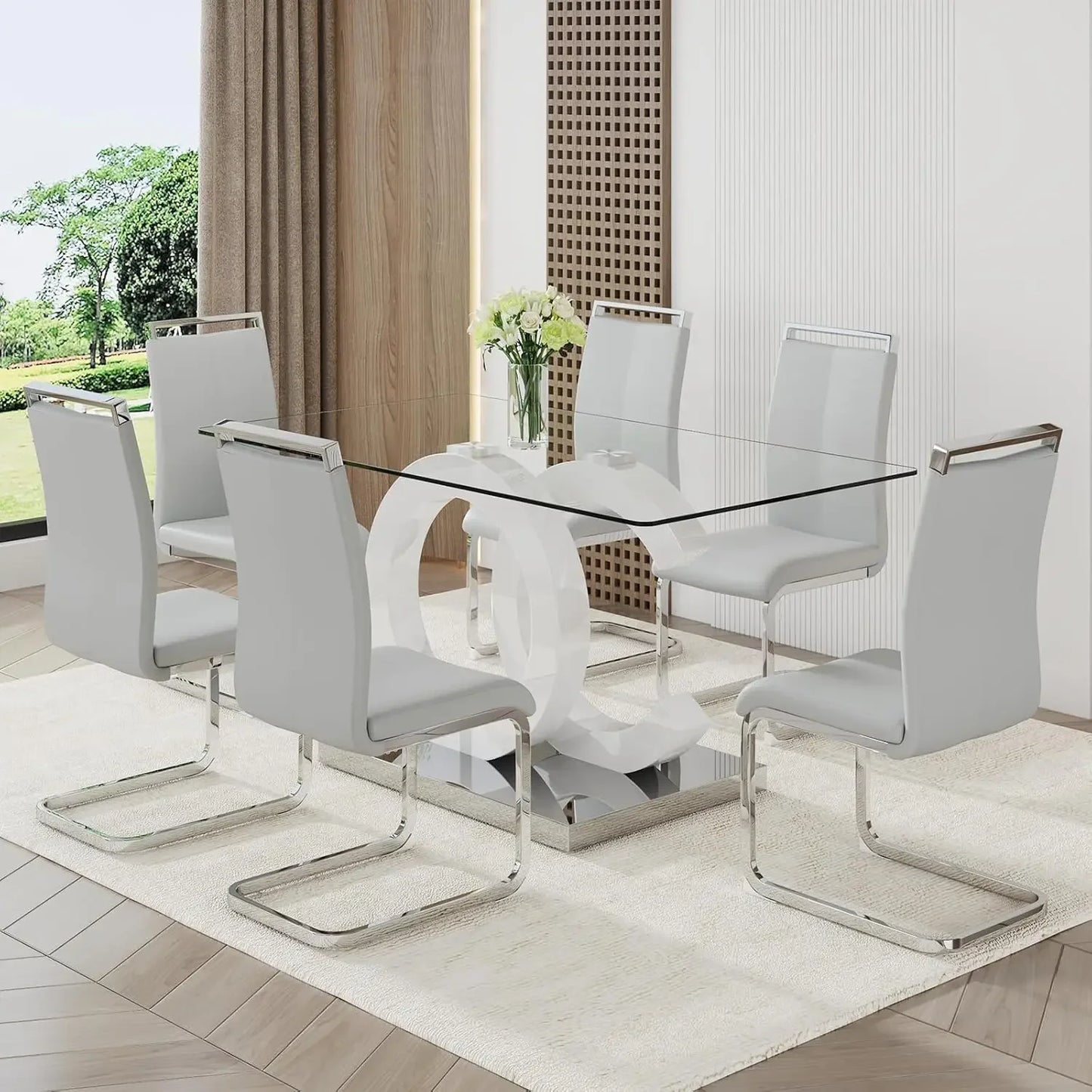 Modern Faux Leather Glass Dining Room Set