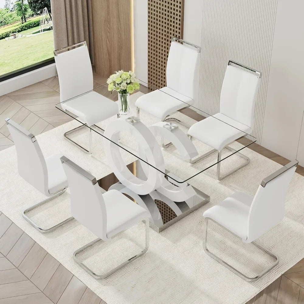Modern Faux Leather Glass Dining Room Set