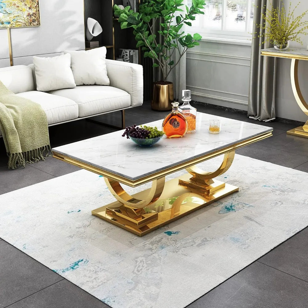 Luxe White Marble Coffee Table with Mirrored Stainless Steel Metal Base,