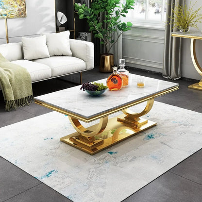 Luxe White Marble Coffee Table with Mirrored Stainless Steel Metal Base,