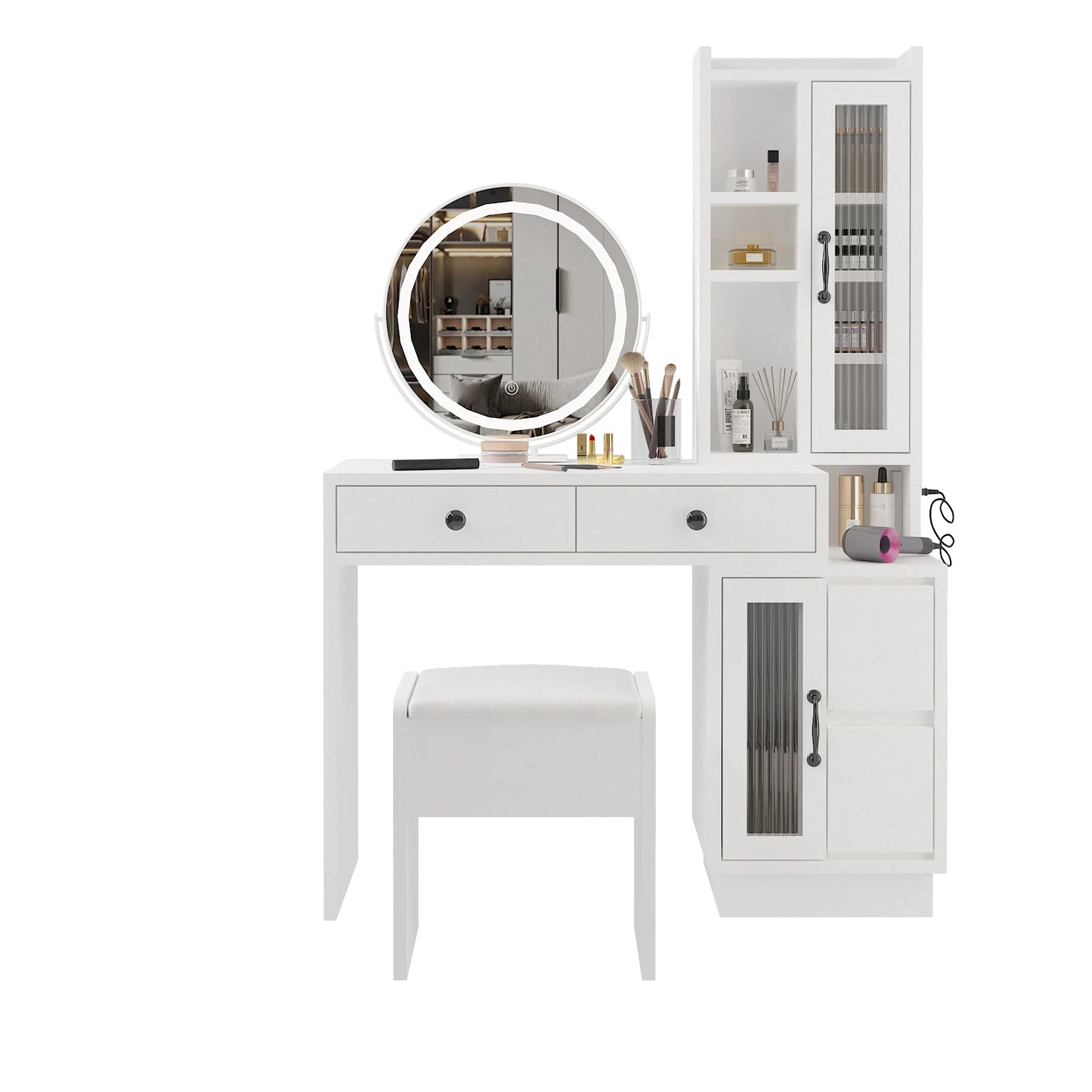 Sleek Makeup Vanity Table Set with Side Cabinet and LED Mirror