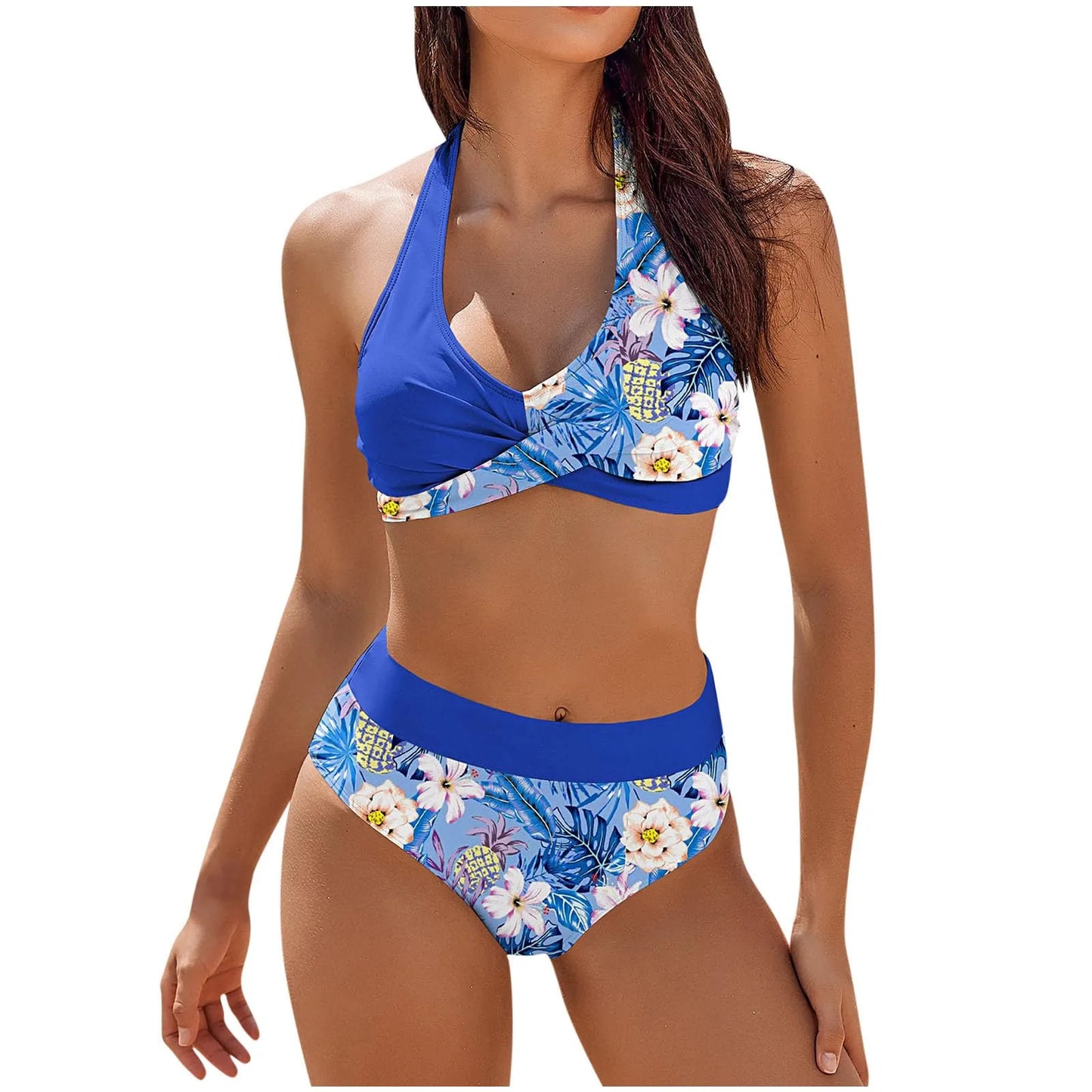 Color Block Floral High Waist Bikini Set