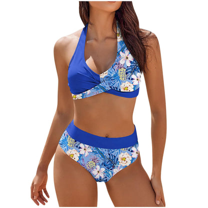 Color Block Floral High Waist Bikini Set
