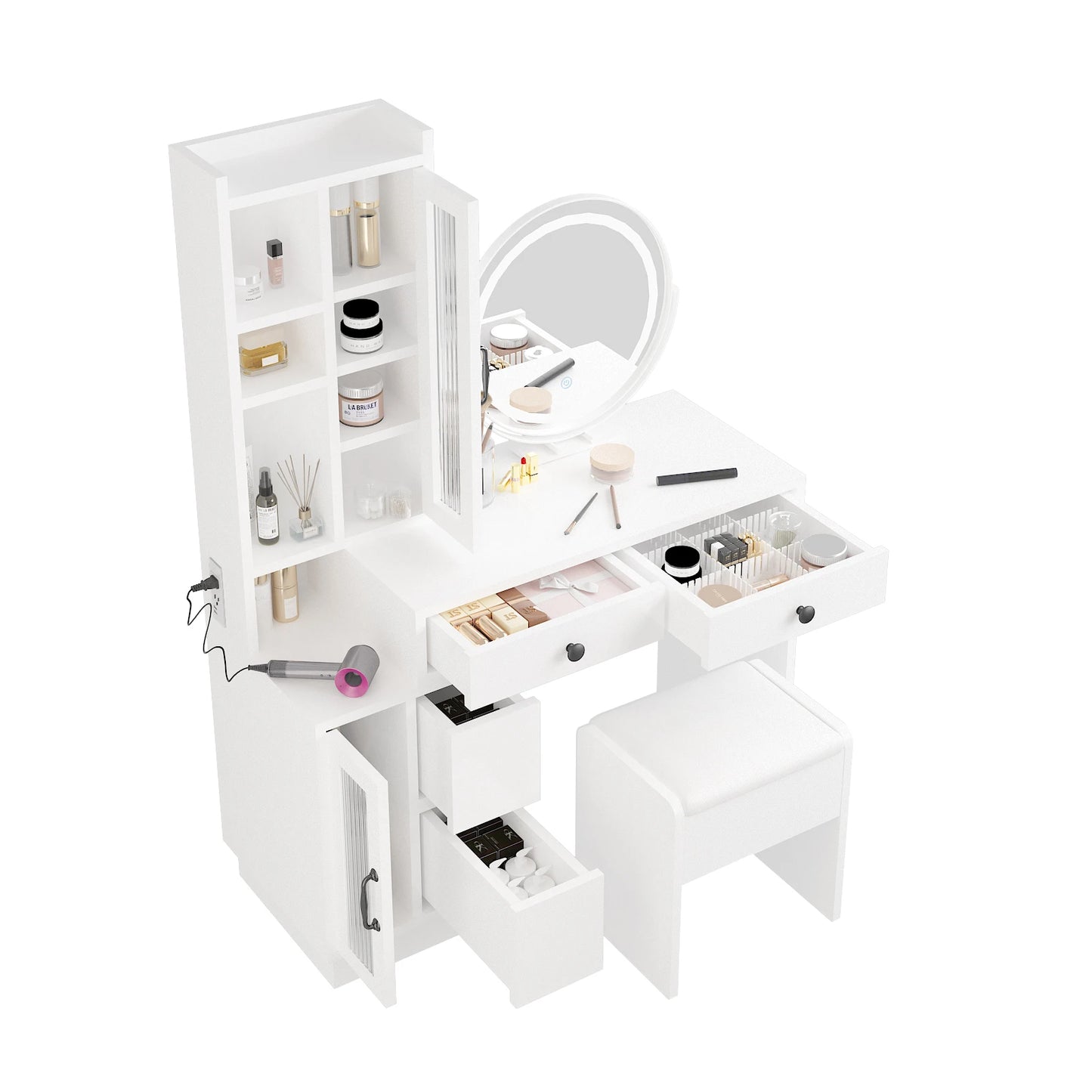 Sleek Makeup Vanity Table Set with Side Cabinet and LED Mirror