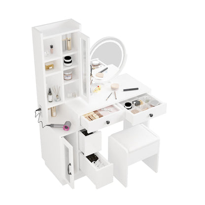 Sleek Makeup Vanity Table Set with Side Cabinet and LED Mirror