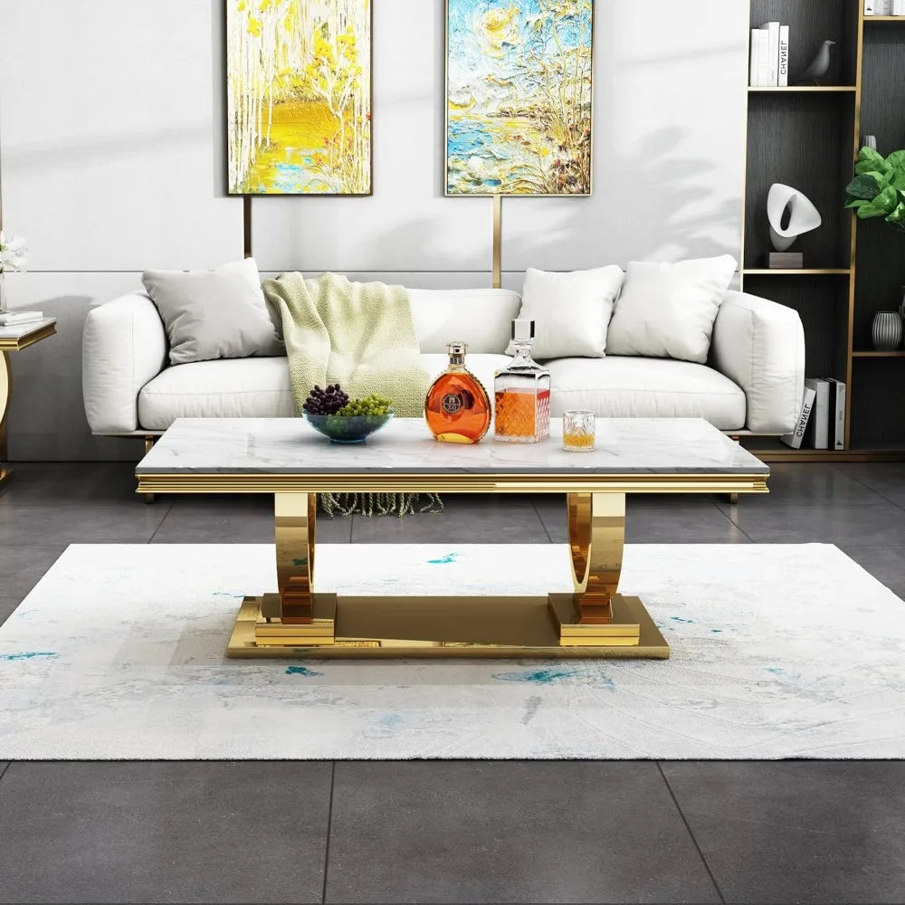 Luxe White Marble Coffee Table with Mirrored Stainless Steel Metal Base,