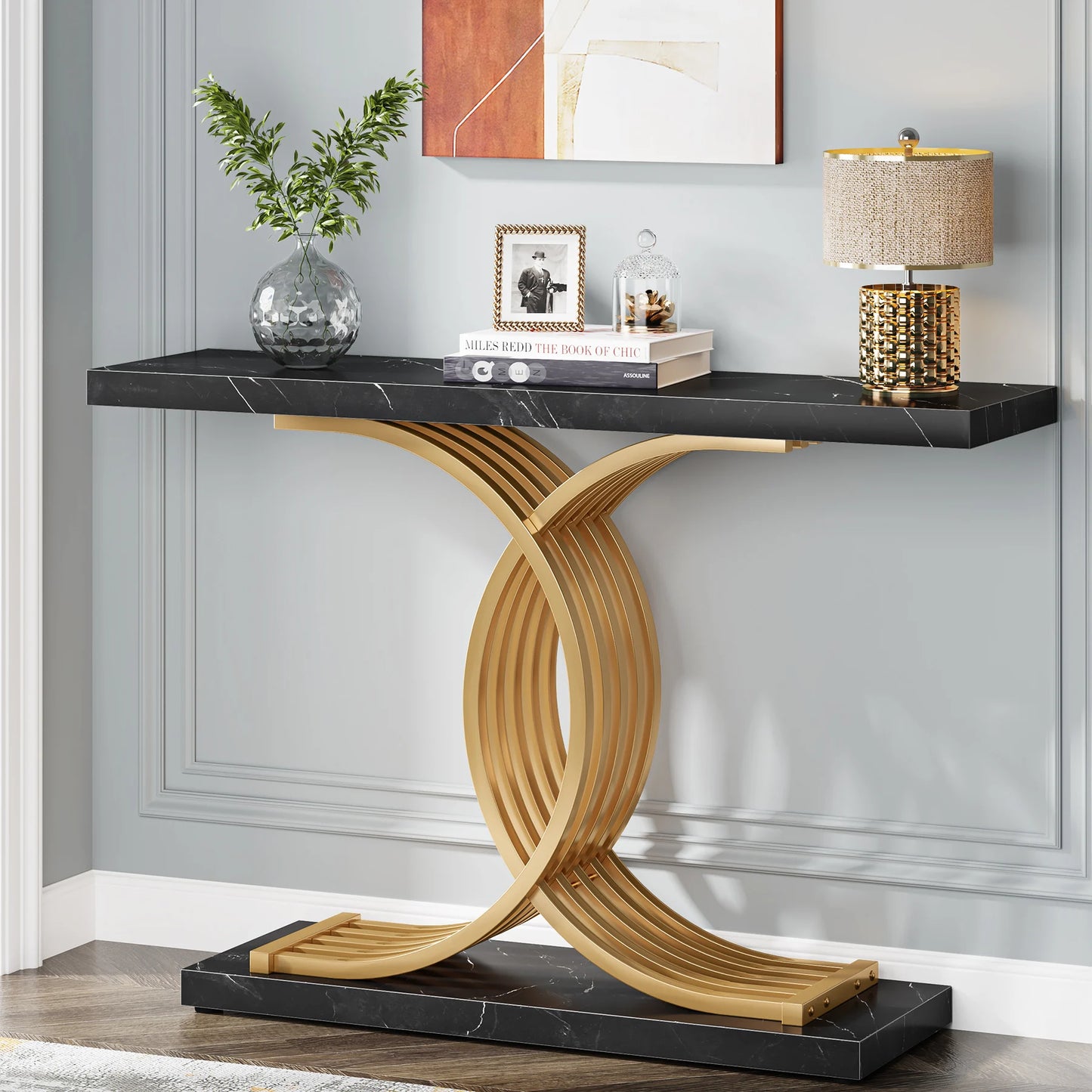 Designer Gold Entryway Table With Faux Marble