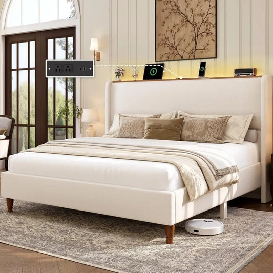 King Size Luxury Bed Frame with LED Lights and Charging Station
