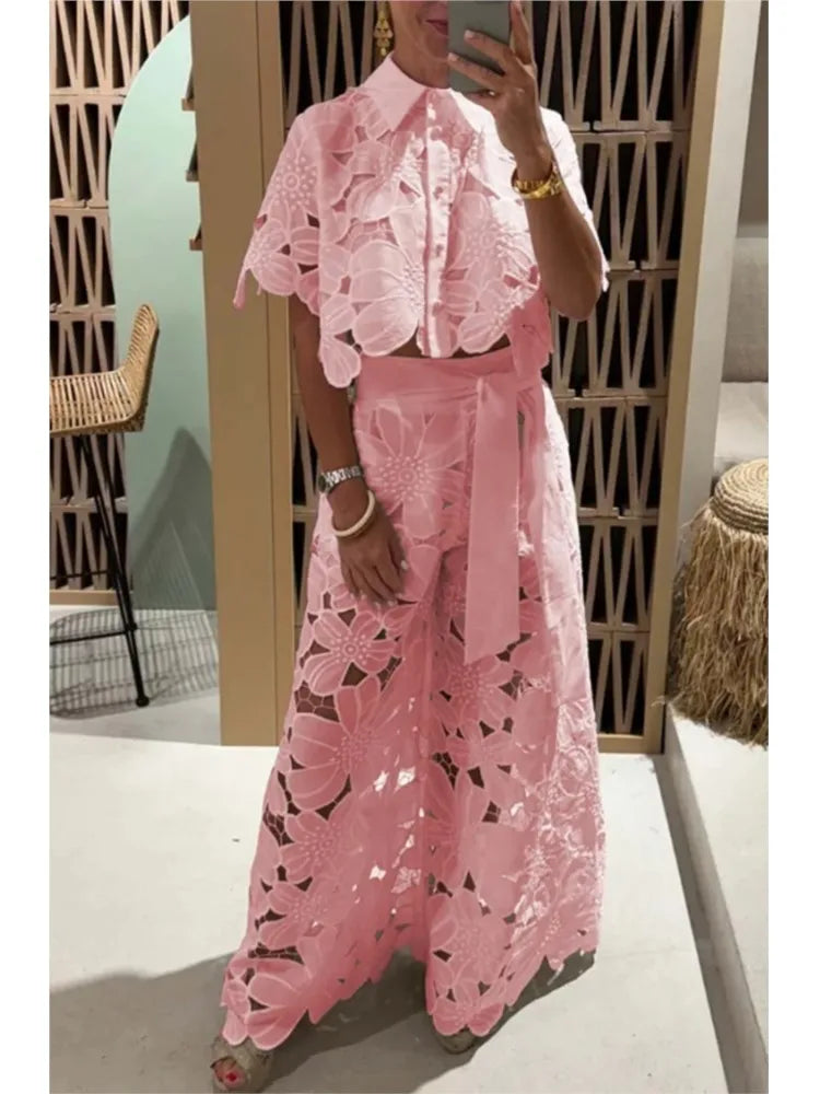 Elegant Floral Laser Cut Pant Set